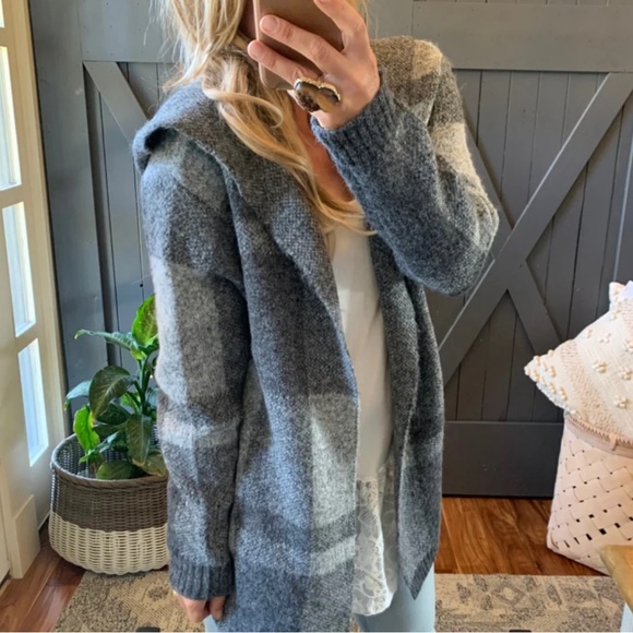 New Hooded Cardigan Grey Plaid Western Sweater Coat Shacket - Picture 8 of 11